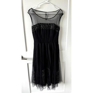 White House Black Market Lace Fit Flare Cocktail Dress‎ Black Silver Mesh NWT 8
